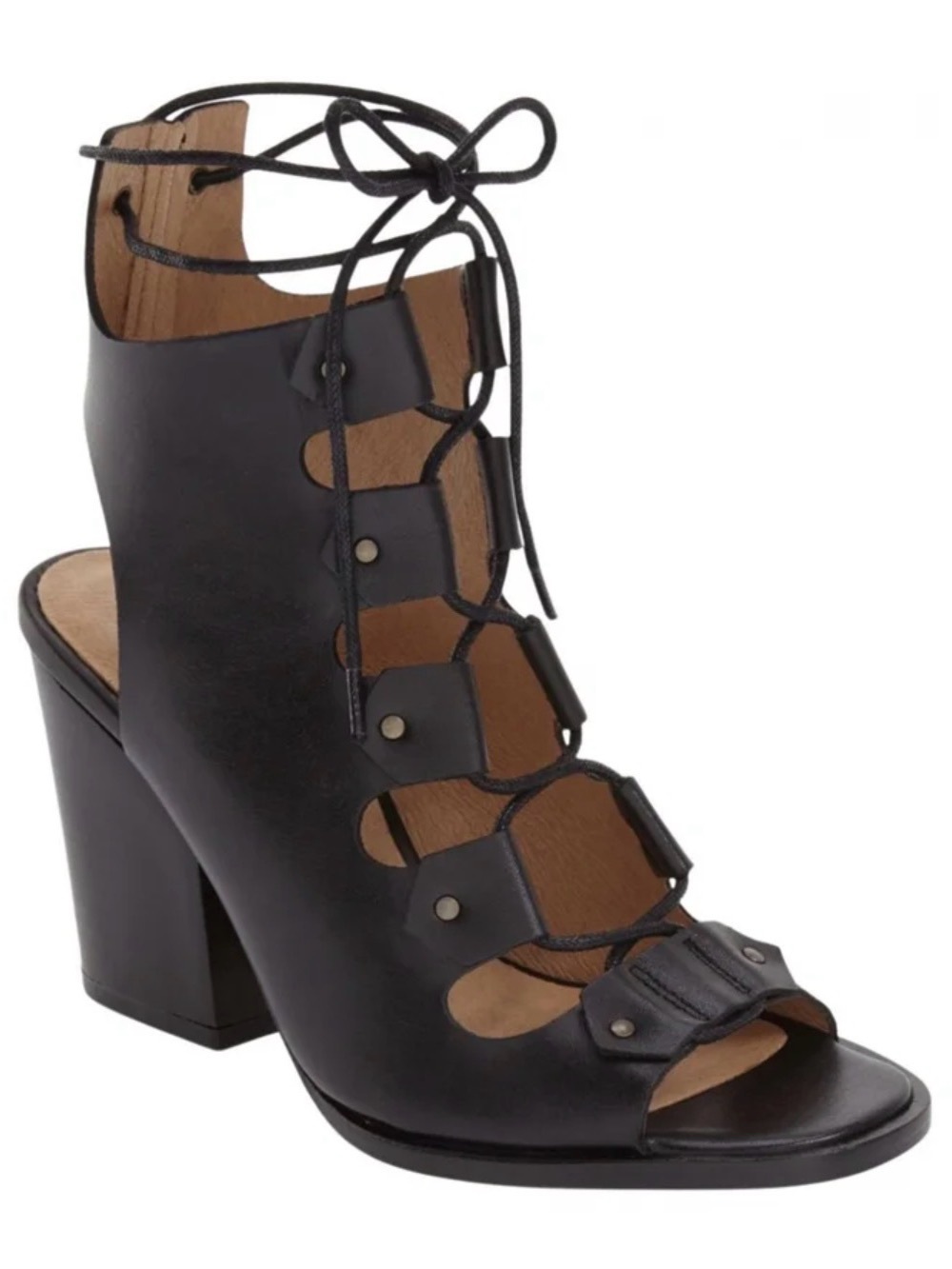 Shellys London Black Cutout Lace-Up Block Heel Sandal